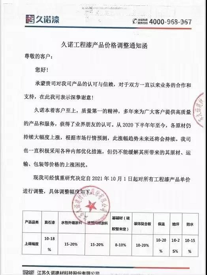 江蘇久諾建材對所有工程漆產(chǎn)品單價進(jìn)行調(diào)整