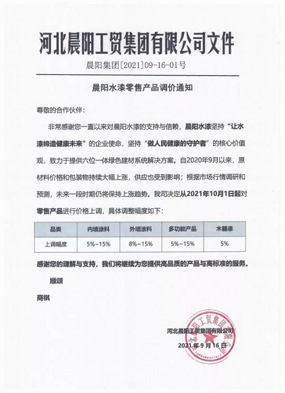 河北晨陽工貿(mào)集團(tuán)對零售產(chǎn)品進(jìn)行價格上調(diào)
