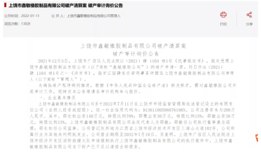 上饒市鑫敏橡膠制品有限公司破產(chǎn)清算案 上饒市鑫敏橡膠制品有限公司破產(chǎn)清算案