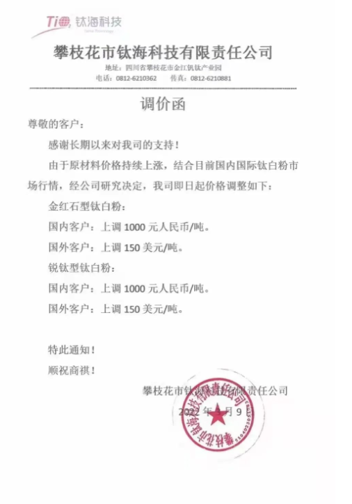 攀枝花市鈦?？萍加邢挢熑喂景l(fā)布調(diào)價函稱