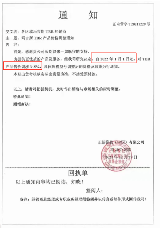 1月1日起，對(duì)TBR產(chǎn)品售價(jià)上調(diào)3%~5%;3月1日起，對(duì)部分TBR產(chǎn)品售價(jià)上調(diào)3%;3月16日起，對(duì)瑪吉斯TBR產(chǎn)品(17.5/19.5/20/22.5)價(jià)格上調(diào)3%。
