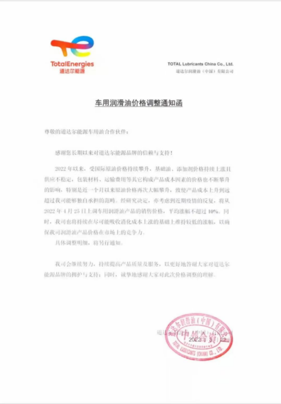 道達(dá)爾宣布將從4月25日上調(diào)車用潤滑油產(chǎn)品的銷售價格，平均漲幅不超過10%。