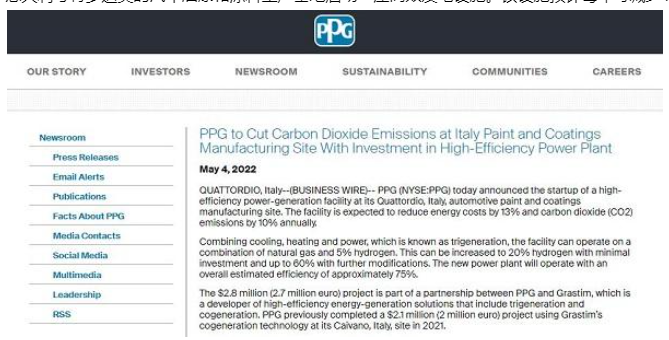 PPG將通過投資高效電廠來減少意大利涂料生產(chǎn)基地的二氧化碳排放 PPG將通過投資高效電廠來減少意大利涂料生產(chǎn)基地的二氧化碳排放