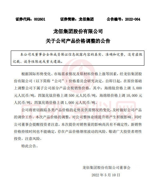 漲“鈦“狠！龍佰集團今年漲3次！原料、涂料、防水繼續(xù)開漲！