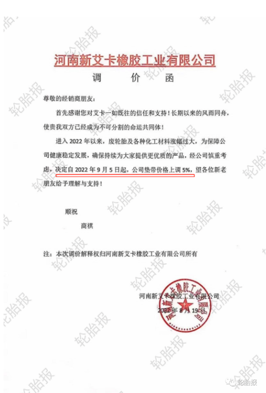 2022年8月19日，河南新艾卡橡膠工業(yè)有限公司發(fā)布產(chǎn)品漲價(jià)通知。