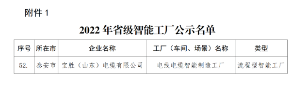寶勝(山東)電纜入選2022年省級(jí)智能工廠公示名單 寶勝(山東)電纜入選2022年省級(jí)智能工廠公示名單
