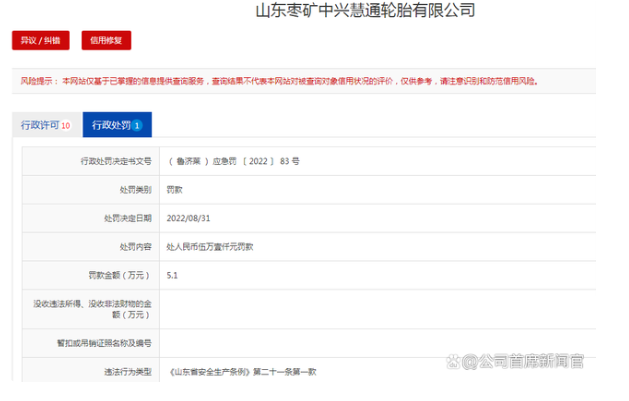 未按規(guī)設(shè)置安全總監(jiān)，山東棗礦中興慧通輪胎公司被罰5.1萬