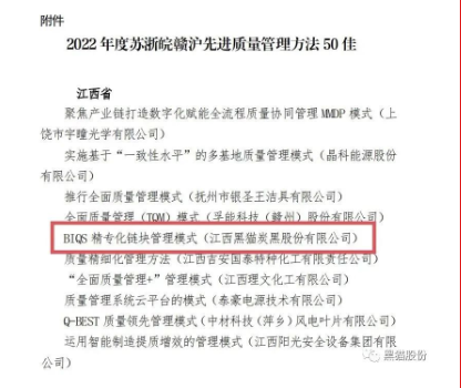 本次評(píng)選活動(dòng)由蘇浙皖贛滬四省一市市場(chǎng)監(jiān)督管理局聯(lián)合舉行，旨在積極發(fā)揮質(zhì)量標(biāo)桿組織的示范帶頭作用，通過(guò)宣傳推廣各類可復(fù)制的先進(jìn)質(zhì)量管理方法，激勵(lì)更多企業(yè)加強(qiáng)質(zhì)量管理，追求卓越績(jī)效，促進(jìn)區(qū)域內(nèi)質(zhì)量發(fā)展水平的整體提升。黑貓股份選送的質(zhì)量成果案例經(jīng)過(guò)景德鎮(zhèn)和省市場(chǎng)監(jiān)督管理局初選、推優(yōu)、評(píng)選，從上千個(gè)案例中脫穎而出，最終入選50佳先進(jìn)質(zhì)量管理方法。