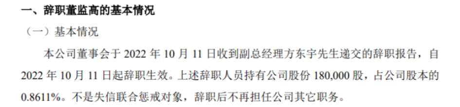 北化高科副總經(jīng)理方東宇辭職 2022年上半年公司凈利128.06萬 北化高科副總經(jīng)理方東宇辭職 2022年上半年公司凈利128.06萬
