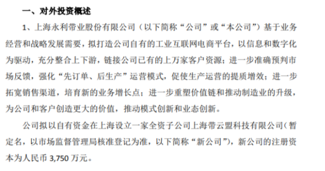 永利股份擬以自有資金在上海投資3750萬設(shè)立一家全資子公司上海帶云盟科技有限公司 永利股份擬以自有資金在上海投資3750萬設(shè)立一家全資子公司上海帶云盟科技有限公司
