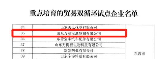 萬達寶通輪胎公司入選山東省重點培育貿(mào)易雙循環(huán)試點企業(yè) 萬達寶通輪胎公司入選山東省重點培育貿(mào)易雙循環(huán)試點企業(yè)
