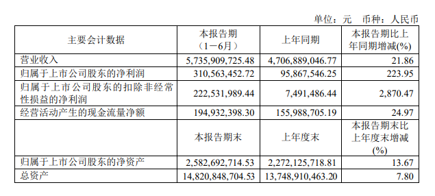 7月30日，三棵樹（603737）發(fā)布2023年半年度報告。財報顯示，公司今年上半年實現(xiàn)營業(yè)收入57.36億元，同比增長21.86%；歸母凈利潤為3.106億元，同比大幅增長224%。