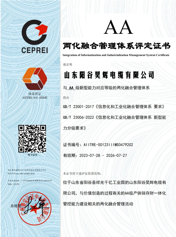 ，山東陽谷昊輝電纜有限公司在兩化融合管理體系貫標(biāo)工作取得階段性成果，成功通過體系評定，并獲得由國家工信部授權(quán)的評定機(jī)構(gòu)——廣州賽寶認(rèn)證中心服務(wù)有限公司頒發(fā)的兩化融合管理體系A(chǔ)A級評定證書。