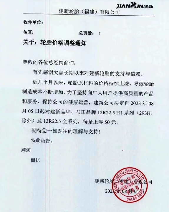 建新輪胎(福建)有限公司發(fā)布了一則重要通知，宣布自今日起對(duì)旗下建新品牌、馬田品牌的12R22.5 H1系列(除293H1外)以及13R22.5全系列輪胎的價(jià)格進(jìn)行調(diào)整，每條上浮50元。此次調(diào)價(jià)的原因是由于輪胎原材料價(jià)格持續(xù)上漲，導(dǎo)致輪胎制造成本不斷攀升。