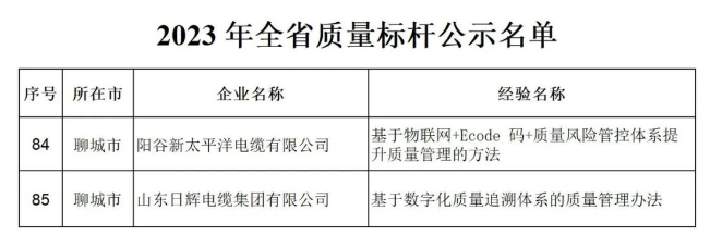 山東省工業(yè)和信息化廳發(fā)布2023年全省質(zhì)量標(biāo)桿名單，其中包括山東日輝電纜集團(tuán)有限公司、陽(yáng)谷新太平洋電纜有限公司。