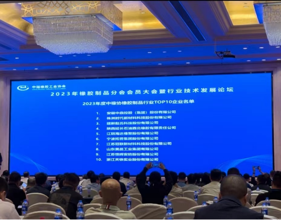 本次大會上，2023年度全國橡膠制品行業(yè)“十強”企業(yè)名單重磅出爐。名單顯示，安徽中鼎控股(集團)股份有限公司、株洲時代新材料科技股份有限公司、建新趙氏科技股份有限公司在2023年的綜合實力和市場地位上取得了顯著成就，獲得了橡膠制品行業(yè)“十強”企業(yè)前三名的榮譽。